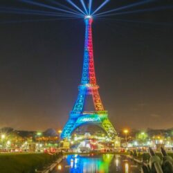 Paris, France-February 03,2017:The Eiffel tower lit with the colours of the Olympic flag supporting campaign for the 2024 Olympic Games in Paris, France