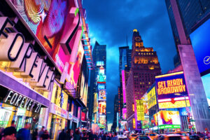 New York City, United States - November 3, 2017: Manhattan's view of 7th Avenue near Time Square at twilight in the evening.